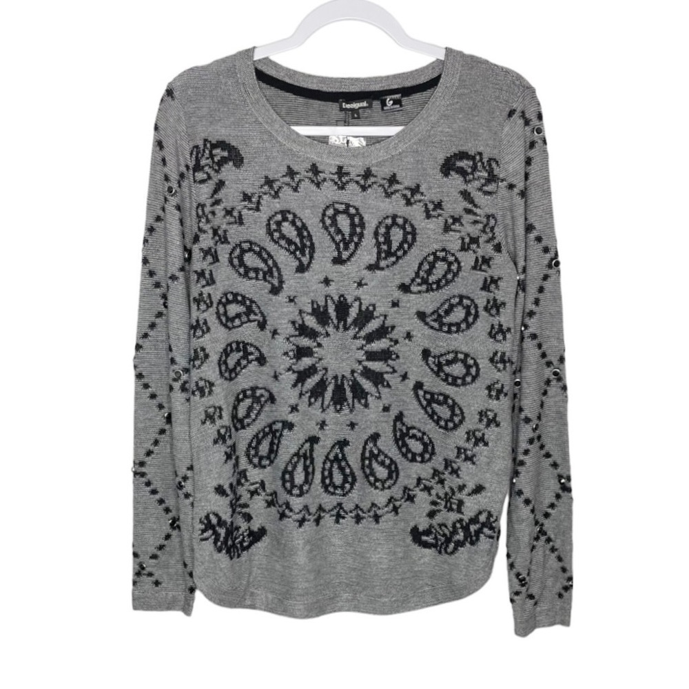 𝅺Desigual Paisley Embroidered Embellished Knit Jumper Top‎ Gray NWT